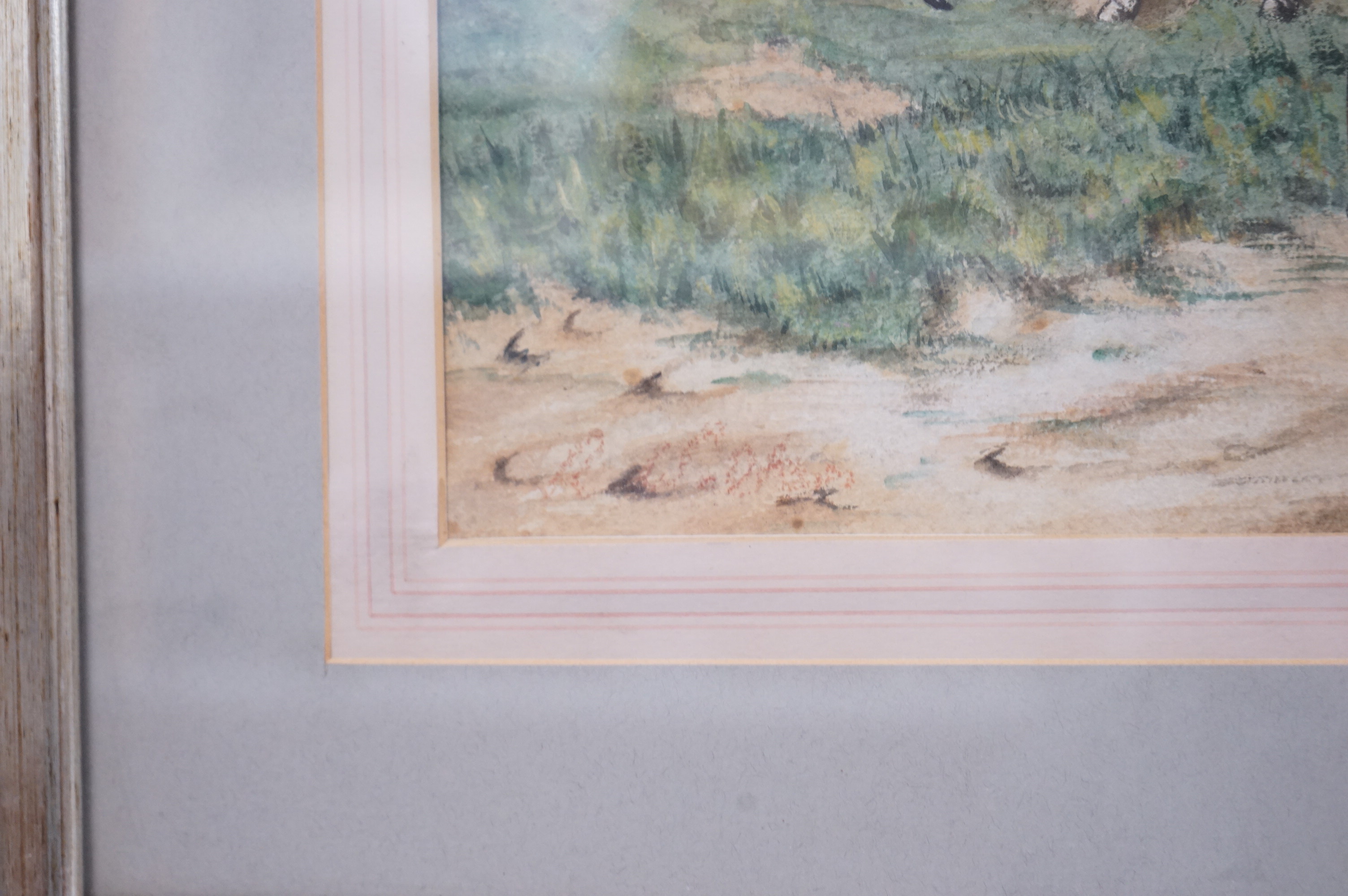 20th century, English School, heightened watercolour, The Blues and Royal Horseguards in camp with distant hills, 33 x 44cm